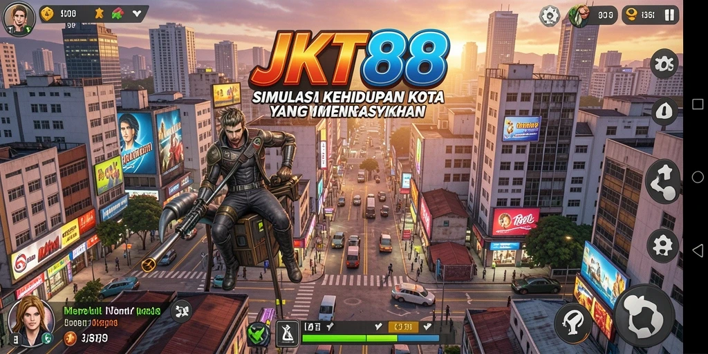 Screenshot utama JKT88 menampilkan interaksi kehidupan kota yang dinamis.