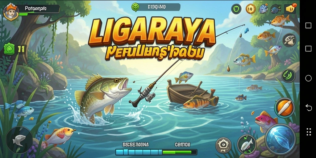 Tampilan gameplay LIGARAYA dengan pengalaman memancing yang mendebarkan.