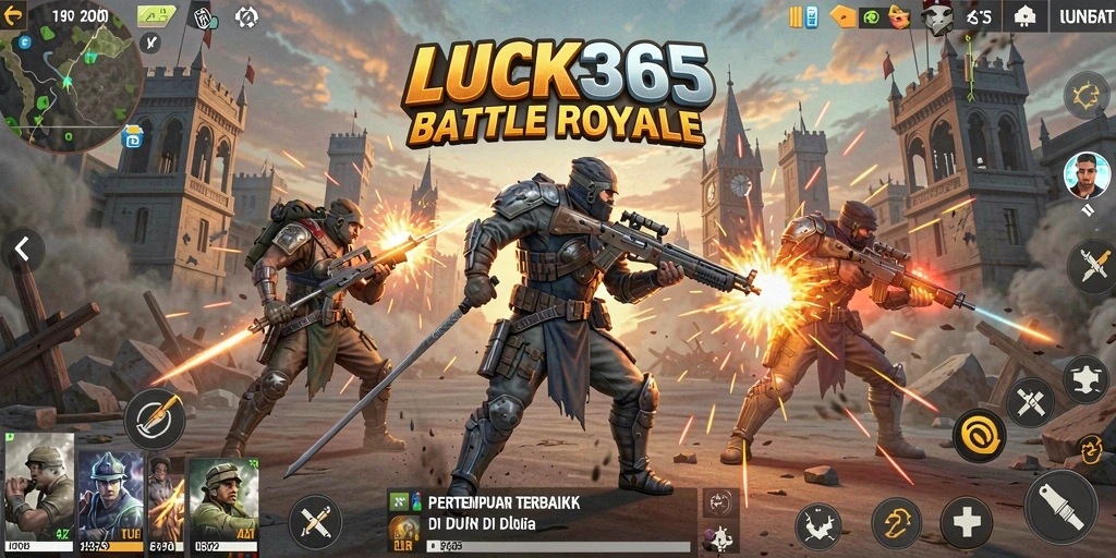 Screenshot gameplay LUCK365 menampilkan pertempuran seru dalam arena Battle Royale.