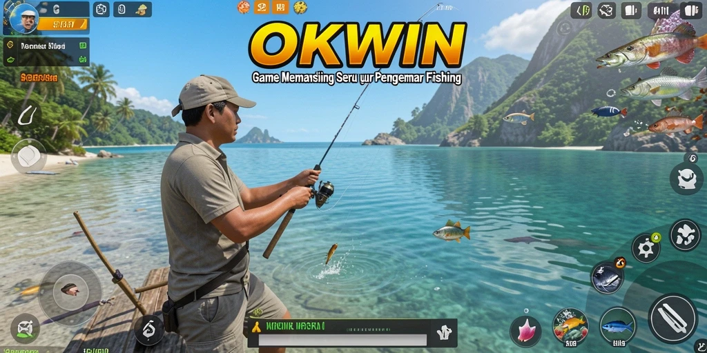 Tampilan gameplay OKWIN yang menarik saat memancing ikan.