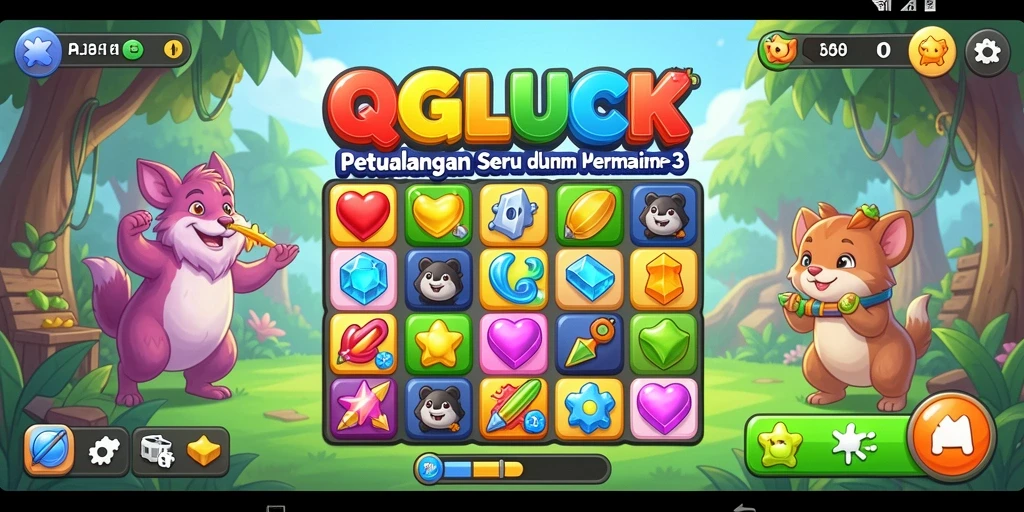 Screenshot gameplay QGLUCK yang menampilkan kombinasi warna-warni permata di layar.