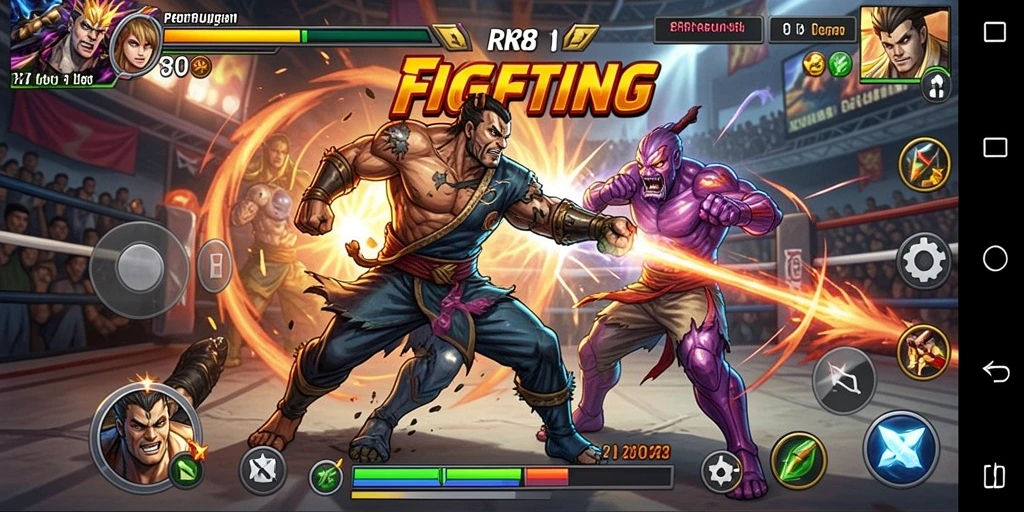 Tampilan gameplay pertarungan seru di RK88 dengan efek visual menawan.