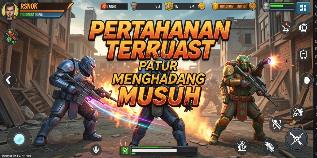 Screenshot gameplay RSNOK menampilkan aksi menara bertahan melawan musuh.