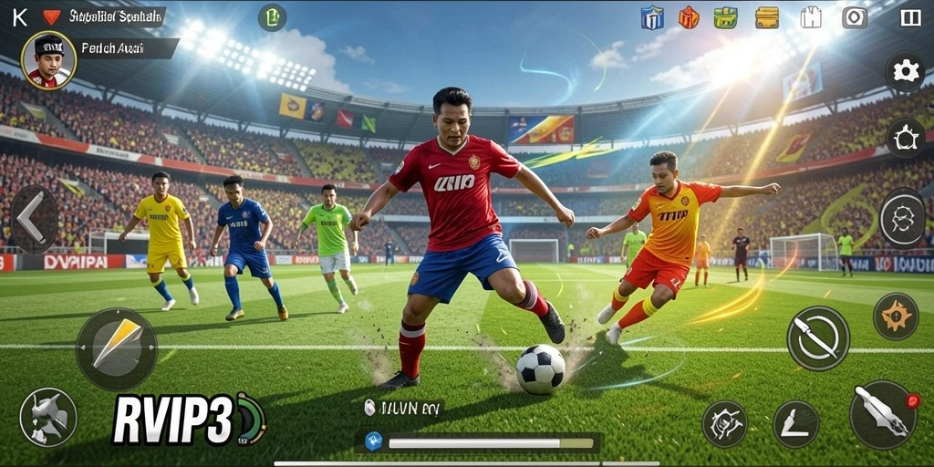 Screenshot gameplay <strong>RVIP3</strong> menampilkan aksi seru di lapangan sepak bola.