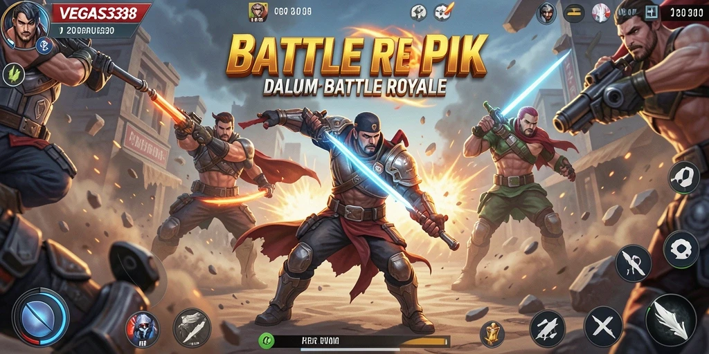 Screenshot utama VEGAS338 menampilkan aksi intens Battle Royale di pulau terbuka.
