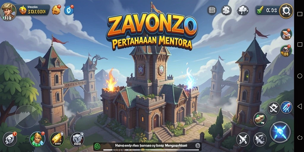 Tampilan gameplay ZAVONZO menunjukkan pertahanan menara yang intens.